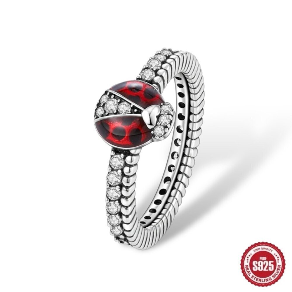 New Ladybug Ring Sz 6 S925 Solid Sterling Silver Red Enamel CZ Whimsical